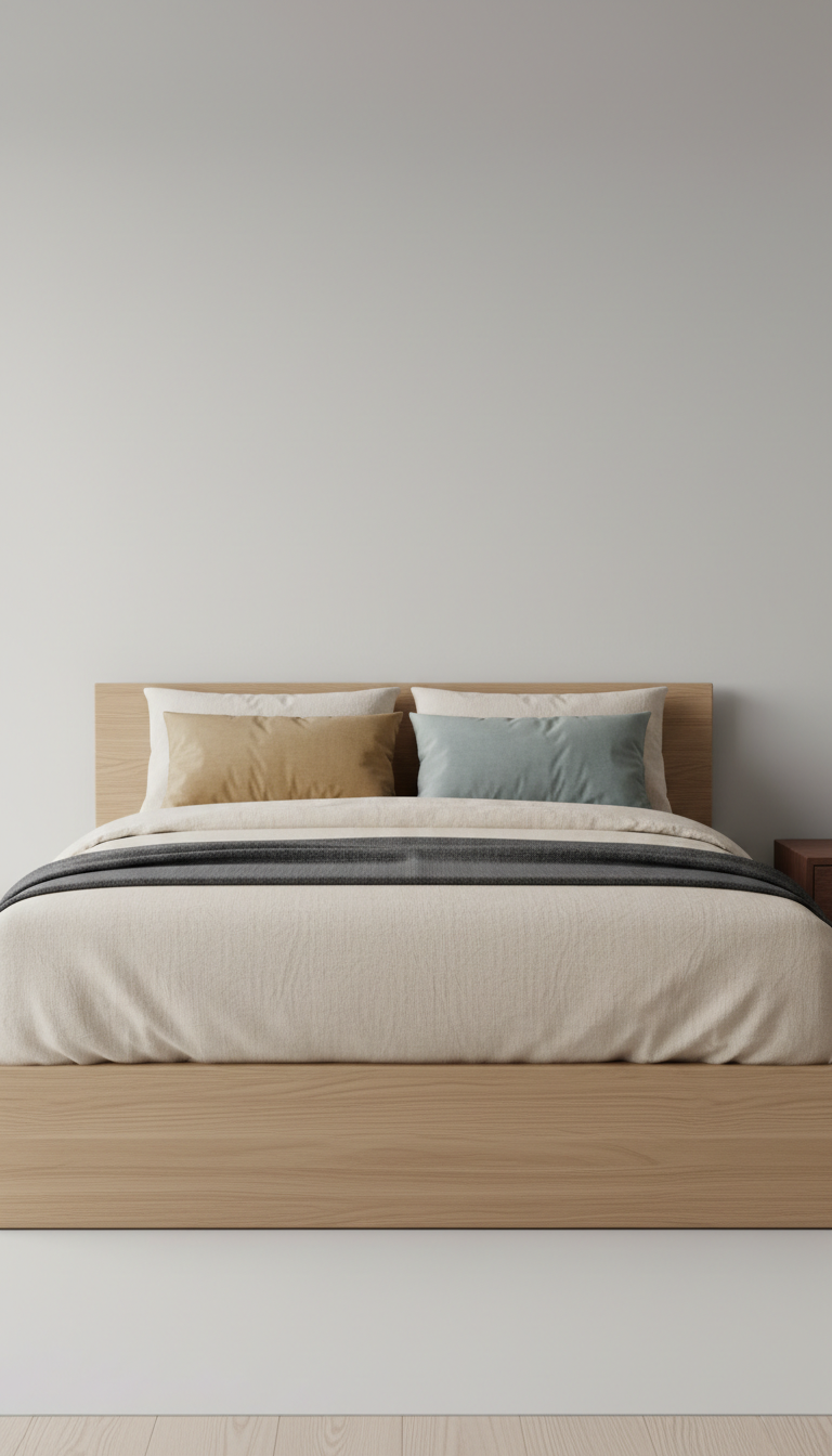 Minimalist wood frame bed in natural oak