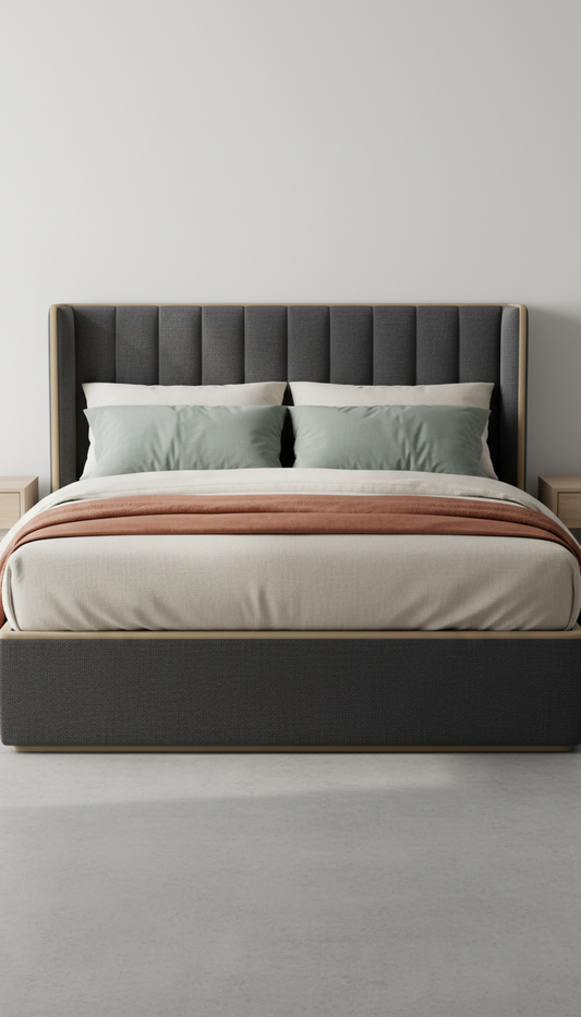 Upholstered headboard mattress set with linen blend